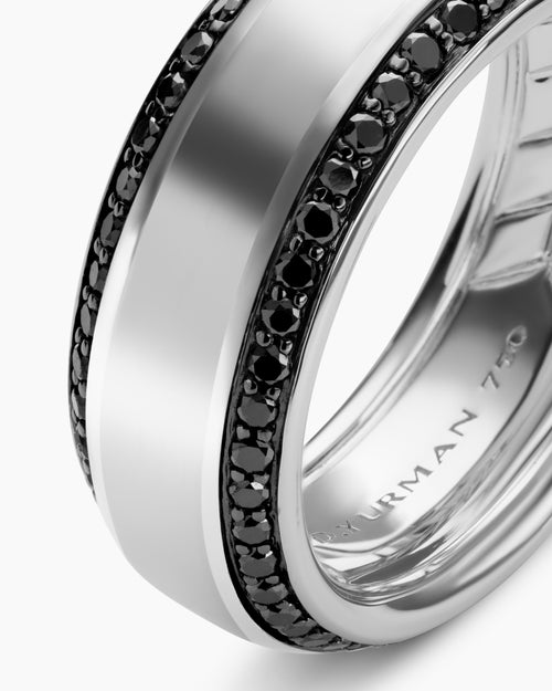 Mens Beveled Band Ring in 18K White Gold with Black Diamonds, 8mm