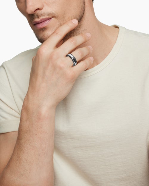 Mens Beveled Band Ring in 18K White Gold with Black Diamonds, 8mm