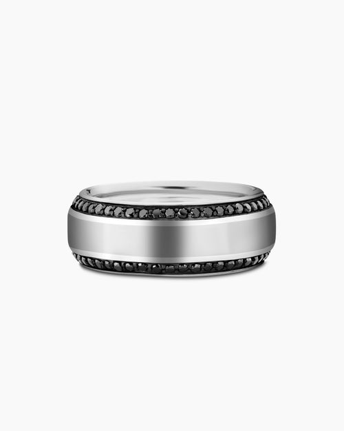 Mens Beveled Band Ring in 18K White Gold with Black Diamonds, 8mm