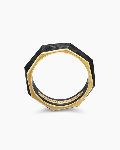 Mens Torqued Faceted Forged Carbon Band Ring with 18ct Yellow Gold, 8mm