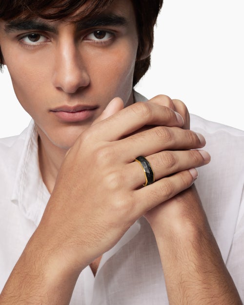 Mens Torqued Faceted Forged Carbon Band Ring with 18ct Yellow Gold, 8mm