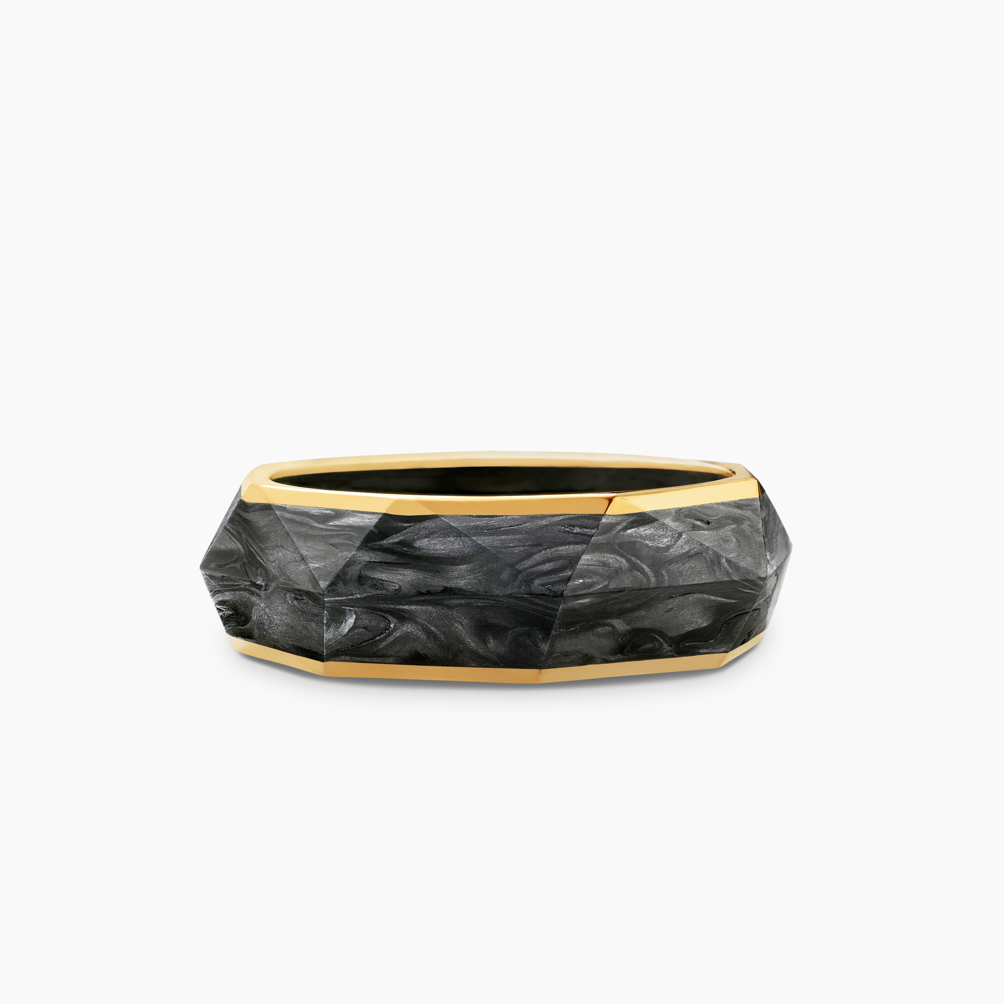 Mens Torqued Faceted Forged Carbon Band Ring with 18K Yellow Gold, 8mm
