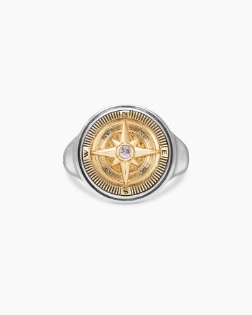 Maritime® Compass Signet Ring in Sterling Silver with 18K Yellow Gold and Center Diamond, 19.4mm