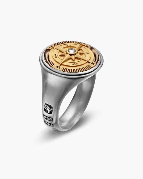 Maritime Compass Signet Ring in Sterling Silver with 18K Yellow Gold, 19.4mm
