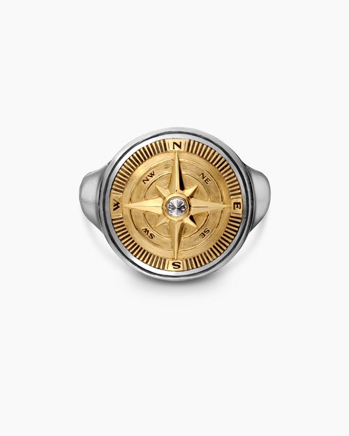 Mens Maritime® Compass Signet Ring in Sterling Silver with 18K Yellow Gold and Center Diamond, 19.4mm