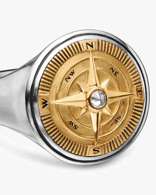 Mens Maritime® Compass Signet Ring in Sterling Silver with 18K Yellow Gold and Center Diamond, 19.4mm