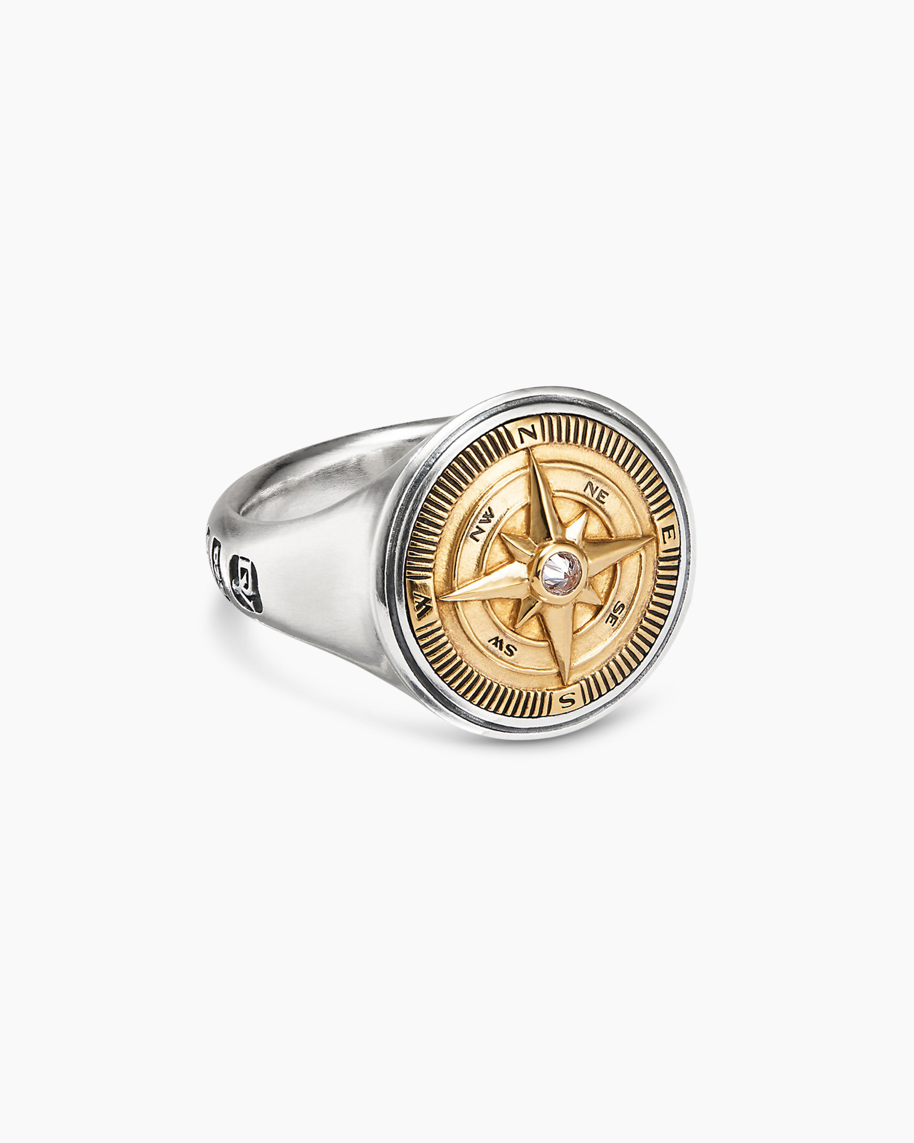 Maritime Compass Signet Ring in Sterling Silver with 18K Yellow Gold,  19.4mm