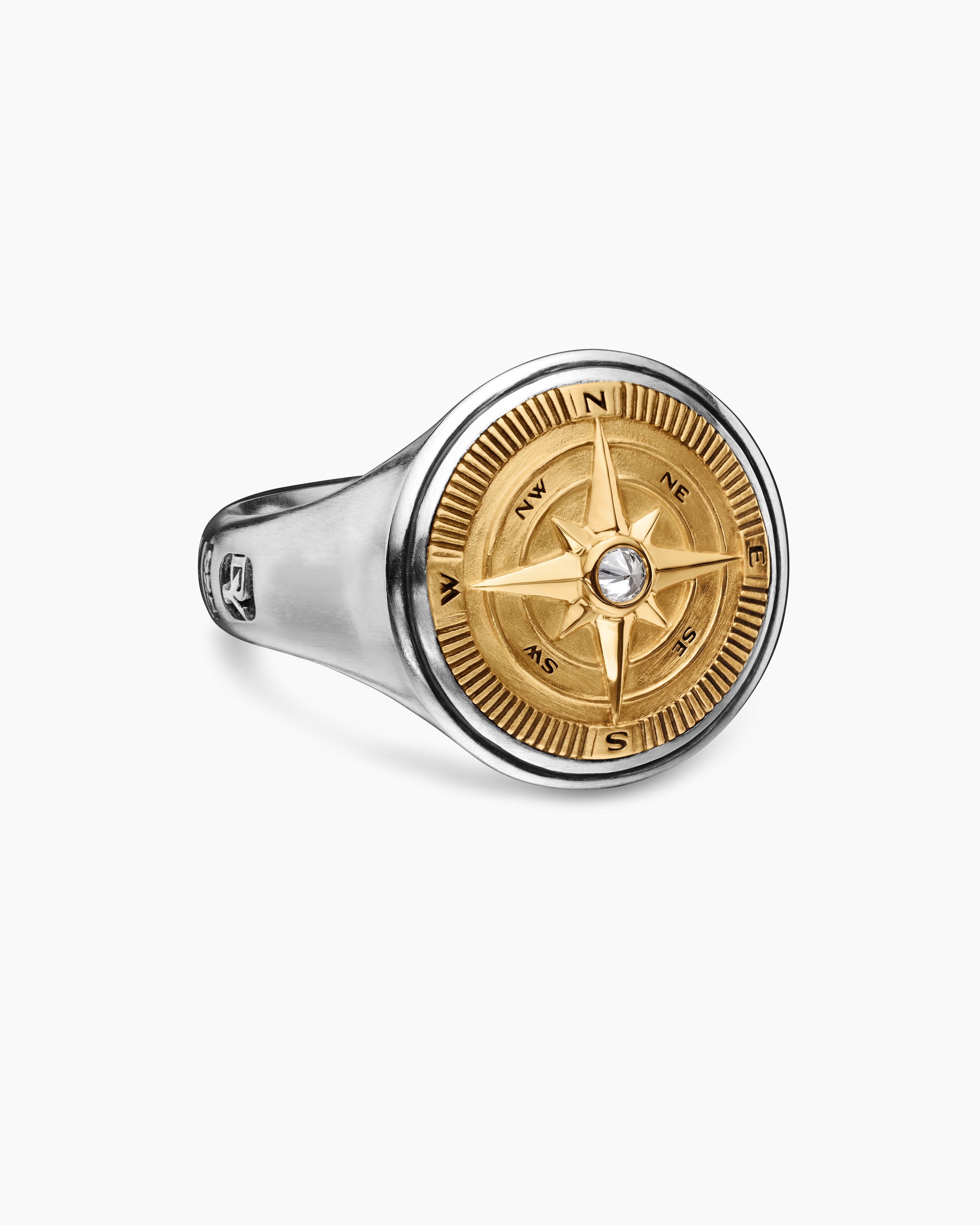 Maritime Compass Signet Ring in Sterling Silver with 18K Yellow Gold,  19.4mm