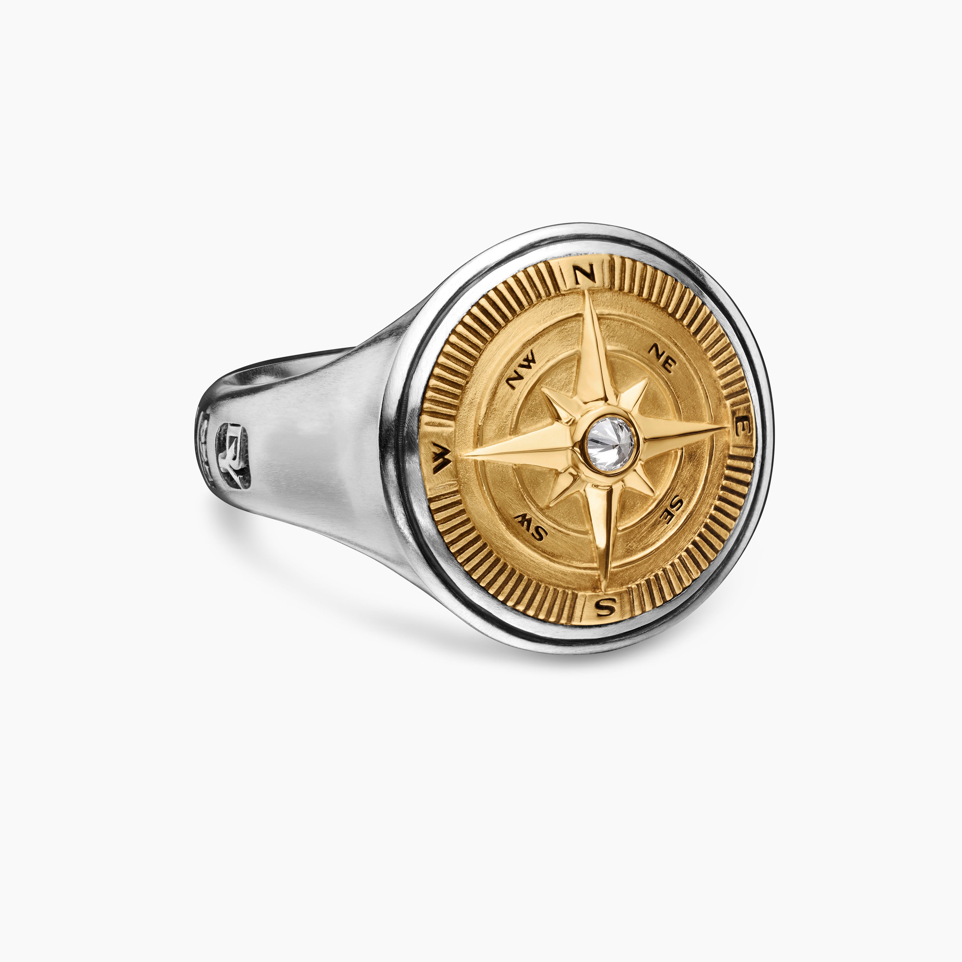 Mens Maritime Compass Signet Ring in Sterling Silver with 18K Yellow Gold, 19.4mm