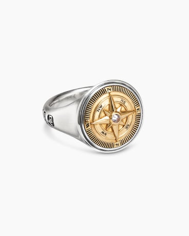 Maritime® Compass Signet Ring in Sterling Silver with 18K Yellow Gold and Center Diamond, 19.4mm