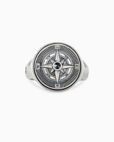 Maritime® Compass Signet Ring in Sterling Silver with Centre Black Diamond, 19.4mm