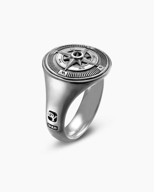 Mens Maritime® Compass Signet Ring in Sterling Silver with Center Black Diamond, 19.4mm