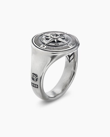 Maritime® Compass Signet Ring in Sterling Silver with Centre Black Diamond, 19.4mm