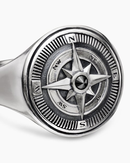 Mens Maritime® Compass Signet Ring in Sterling Silver with Center Black Diamond, 19.4mm