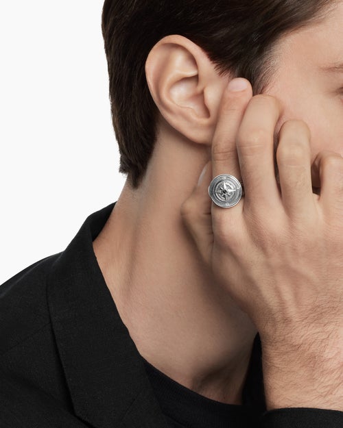 Mens Maritime® Compass Signet Ring in Sterling Silver with Center Black Diamond, 19.4mm