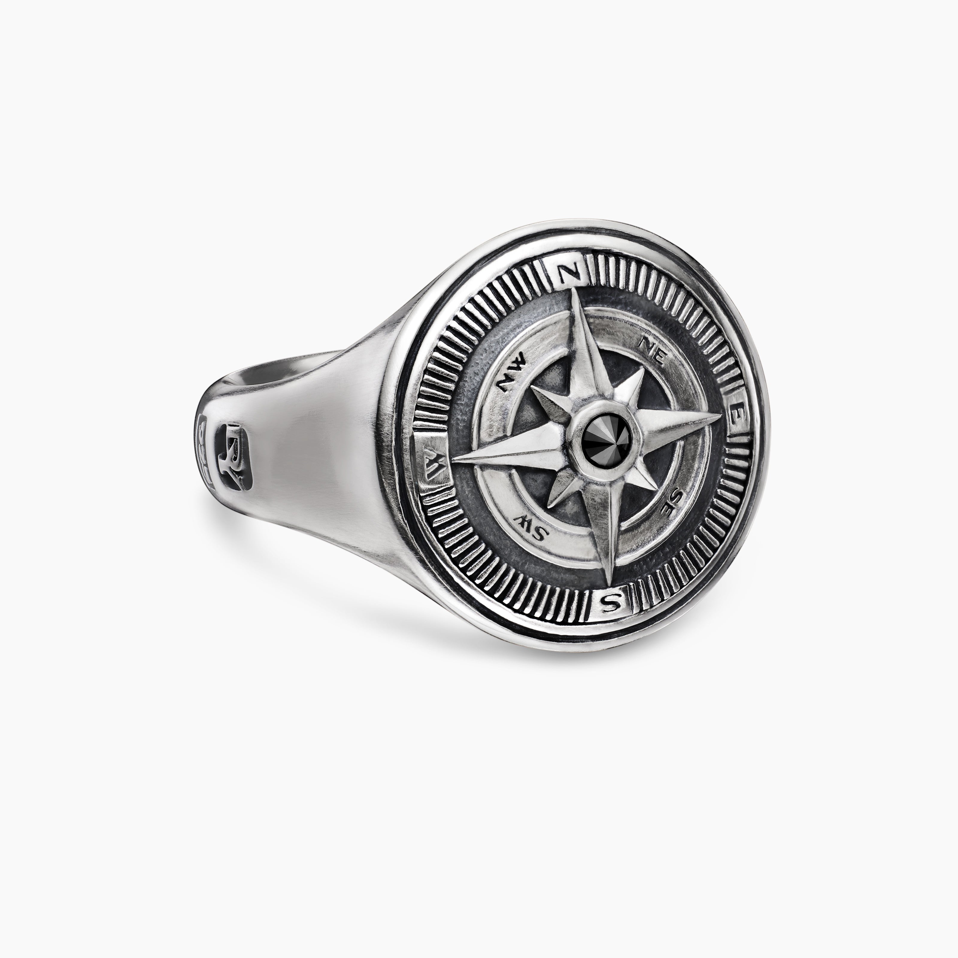 Mens Maritime Compass Signet Ring in Sterling Silver, 19.4mm