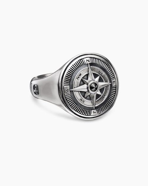 Mens Maritime Compass Signet Ring in Sterling Silver, 19.4mm