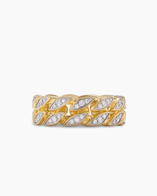 Mens Curb Chain Band Ring in 18K Yellow Gold with Diamonds, 8mm