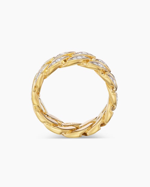 Mens Curb Chain Band Ring in 18K Yellow Gold with Diamonds, 8mm