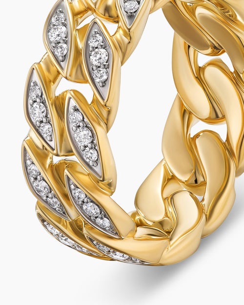 Mens Curb Chain Band Ring in 18K Yellow Gold with Diamonds, 8mm