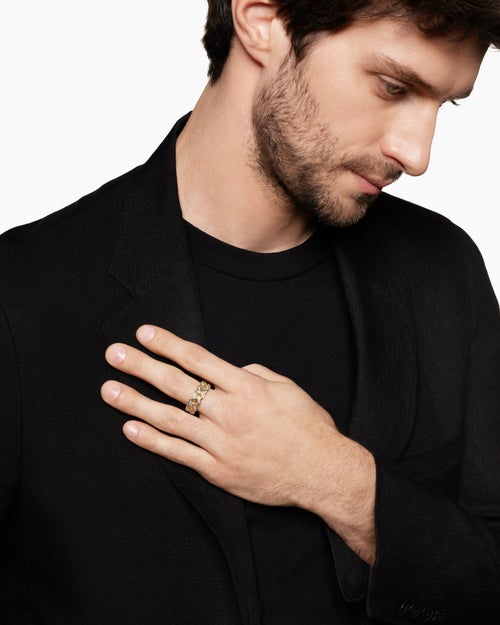 Mens Curb Chain Band Ring in 18K Yellow Gold with Diamonds, 8mm