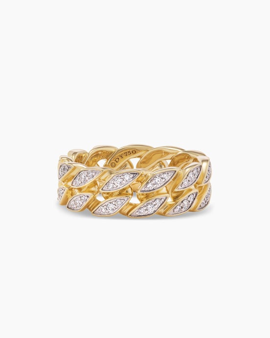 Curb Chain Band Ring in 18K Yellow Gold with Diamonds, 8mm