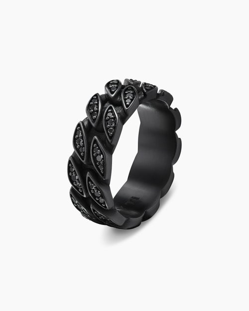 Mens Curb Chain Band Ring in Black Titanium with Black Diamonds, 8mm