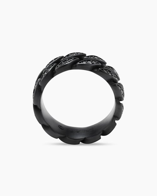Mens Curb Chain Band Ring in Black Titanium with Black Diamonds, 8mm