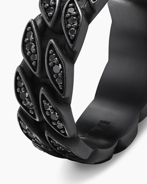 Mens Curb Chain Band Ring in Black Titanium with Black Diamonds, 8mm