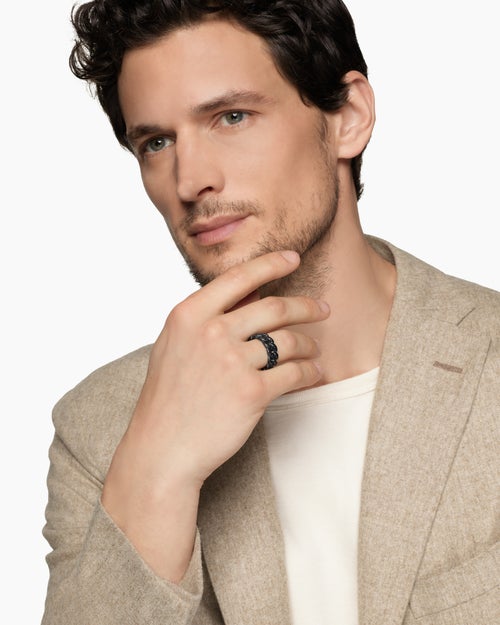 Mens Curb Chain Band Ring in Black Titanium with Black Diamonds, 8mm