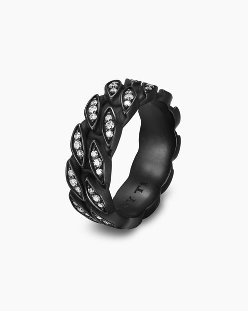 Mens Curb Chain Band Ring in Black Titanium with Diamonds, 8mm