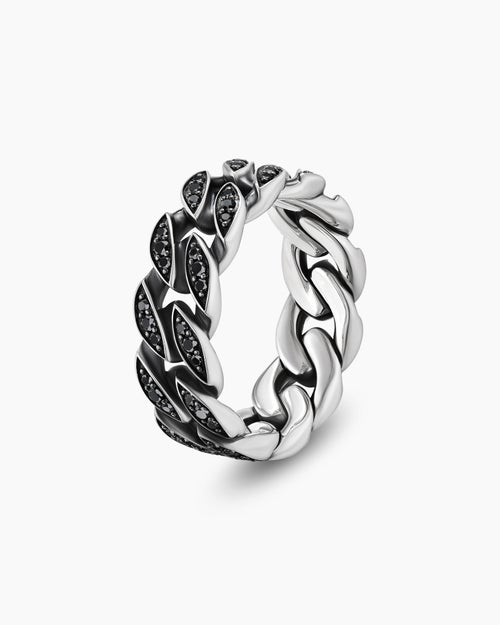 Mens Curb Chain Band Ring in Sterling Silver with Black Diamonds, 8mm