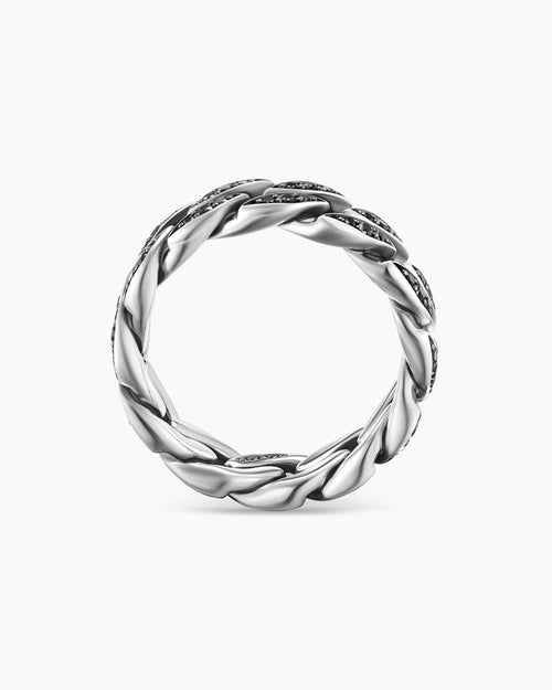 Mens Curb Chain Band Ring in Sterling Silver with Black Diamonds, 8mm