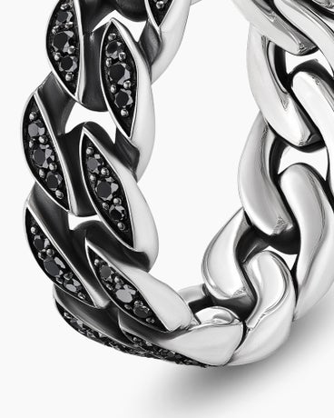 Curb Chain Band Ring in Sterling Silver with Black Diamonds, 8mm