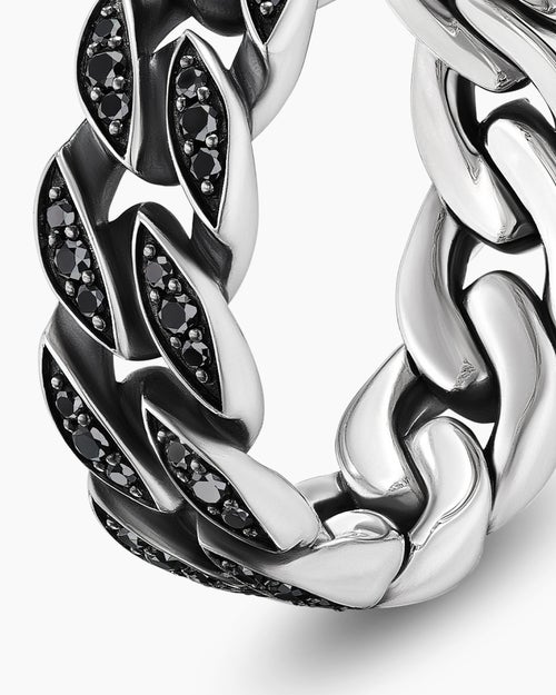 Mens Curb Chain Band Ring in Sterling Silver with Black Diamonds, 8mm