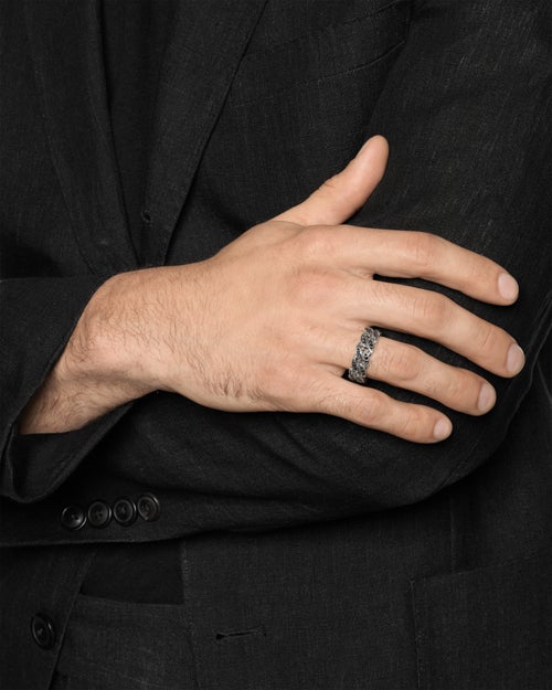 Mens Curb Chain Band Ring in Sterling Silver with Black Diamonds, 8mm