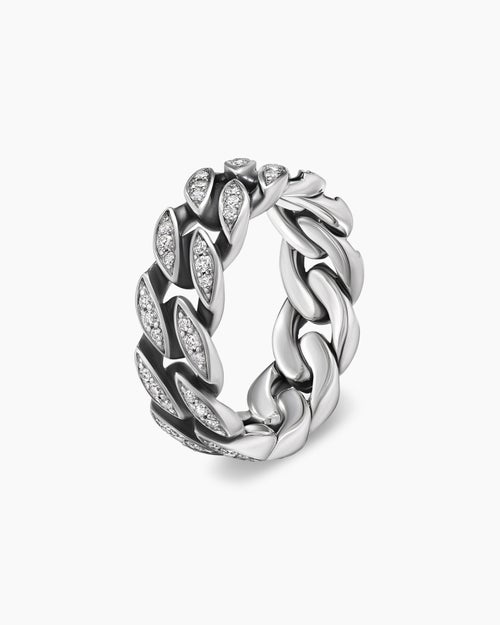 Mens Curb Chain Band Ring in Sterling Silver with Diamonds, 8mm