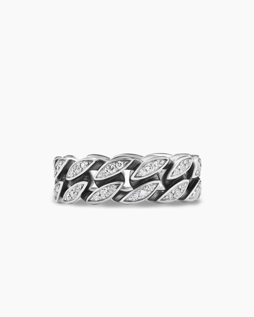Mens Curb Chain Band Ring in Sterling Silver with Diamonds, 8mm