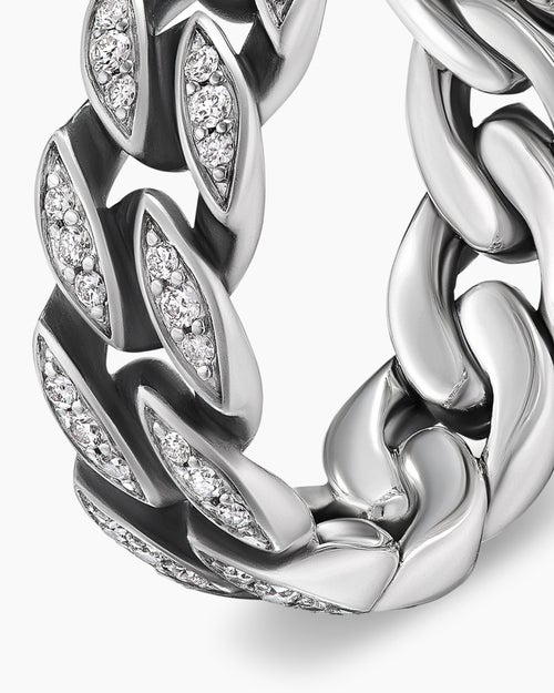 Mens Curb Chain Band Ring in Sterling Silver with Diamonds, 8mm