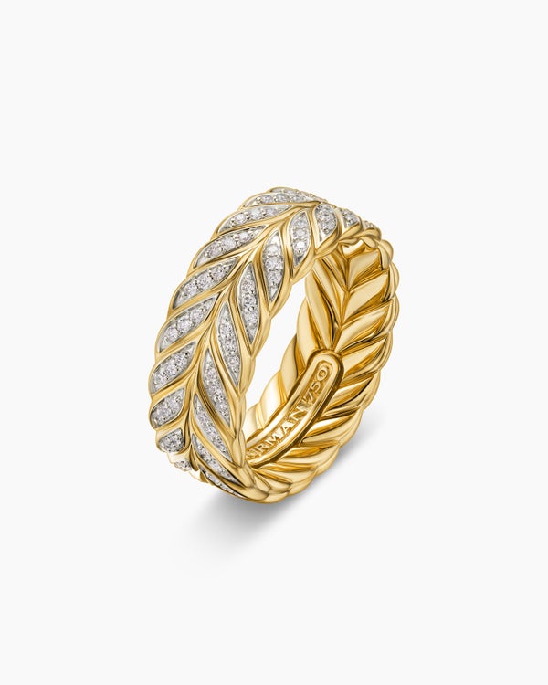 Anneau Chevron pavé en or jaune 18 carats, 9 mm
