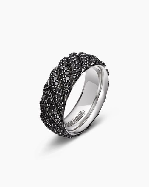 Mens Sculpted Cable Pavé Band Ring in 18K White Gold with Black Diamonds, 8.5mm
