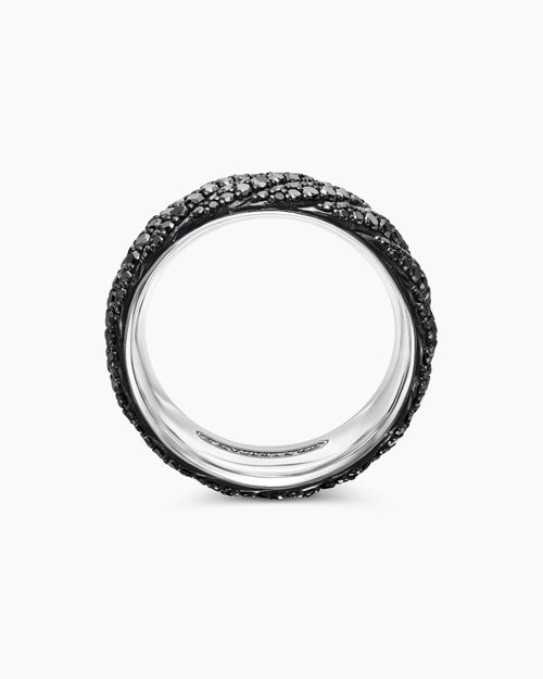Mens Sculpted Cable Pavé Band Ring in 18K White Gold with Black Diamonds, 8.5mm