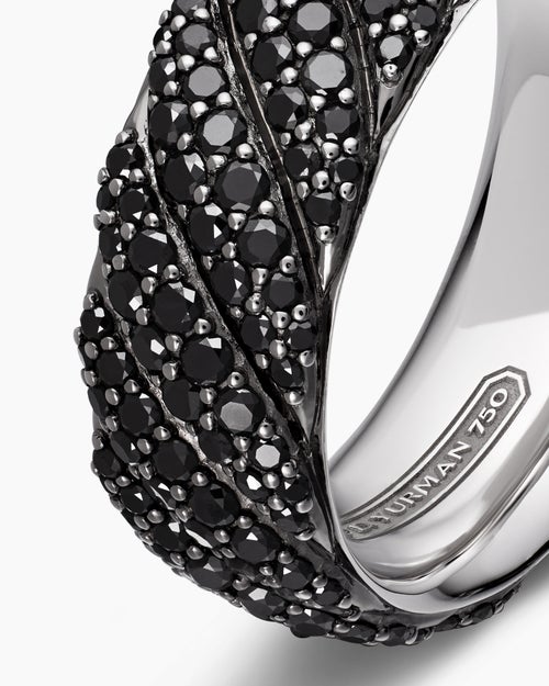 Mens Sculpted Cable Pavé Band Ring in 18K White Gold with Black Diamonds, 8.5mm
