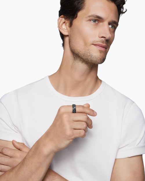 Mens Sculpted Cable Pavé Band Ring in 18K White Gold with Black Diamonds, 8.5mm