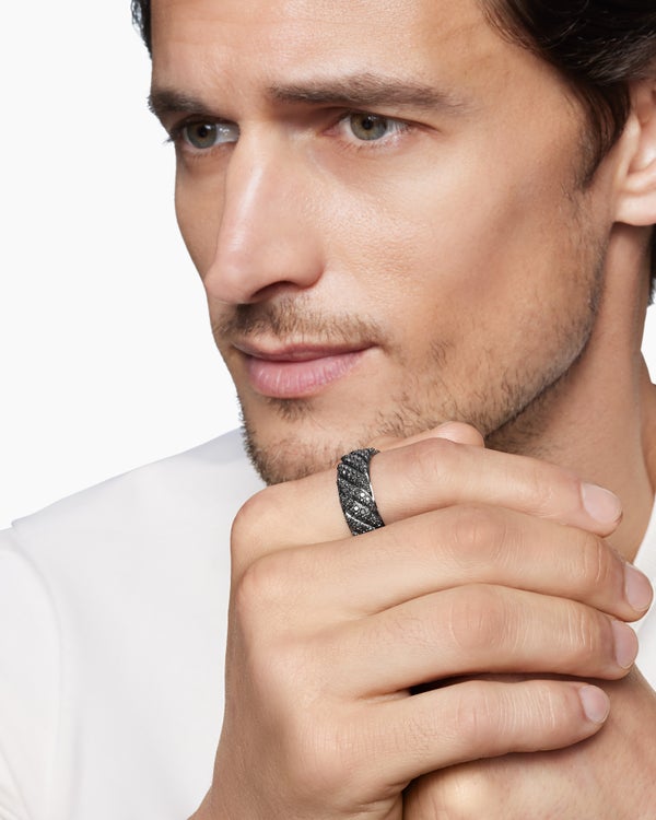 Sculpted Cable Pavé Band Ring in 18K White Gold, 8.5mm