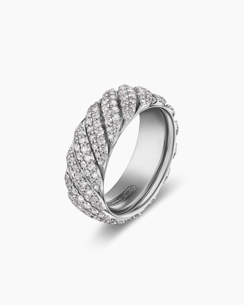Mens Cable Band Ring in 18K White Gold with Diamonds, 8.5mm