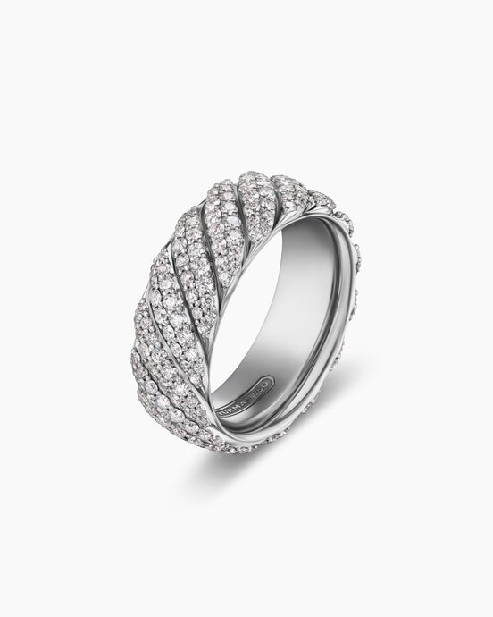 Sculpted Cable Pavé Band Ring in 18K White Gold with Diamonds, 8.5mm