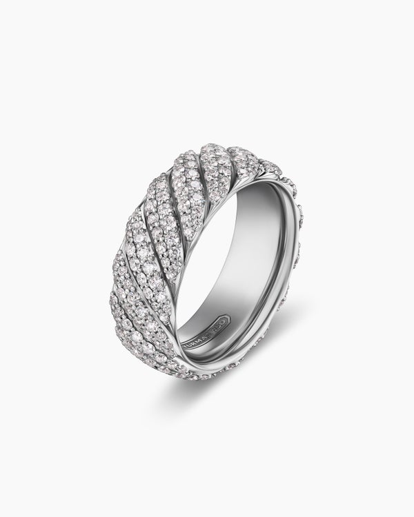 Cable Band Ring in 18K White Gold with Diamonds, 8.5mm