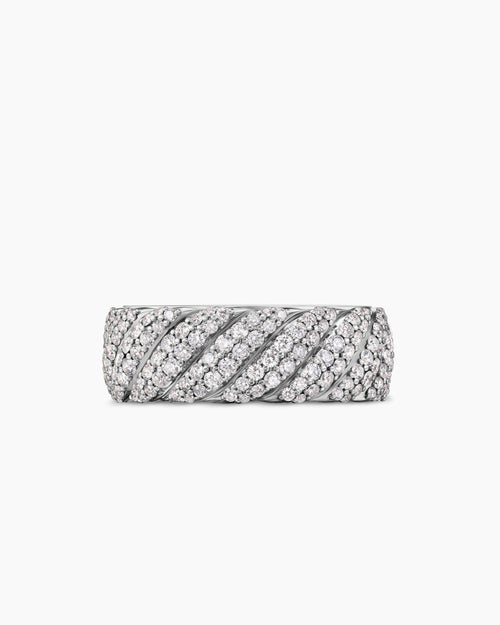 Mens Cable Band Ring in 18K White Gold with Diamonds, 8.5mm