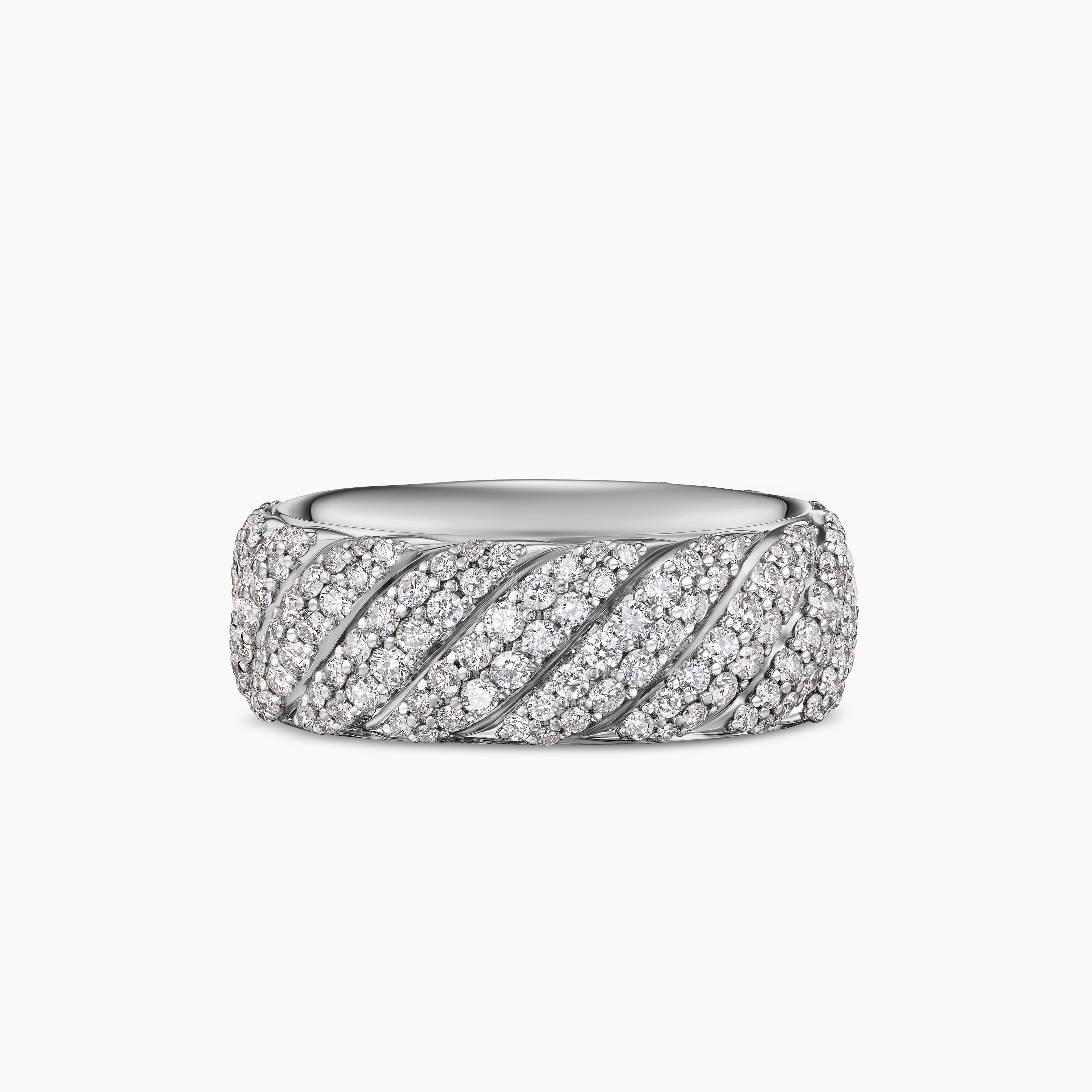 Mens Sculpted Cable Pav&eacute; Band Ring in 18K White Gold, 8.5mm